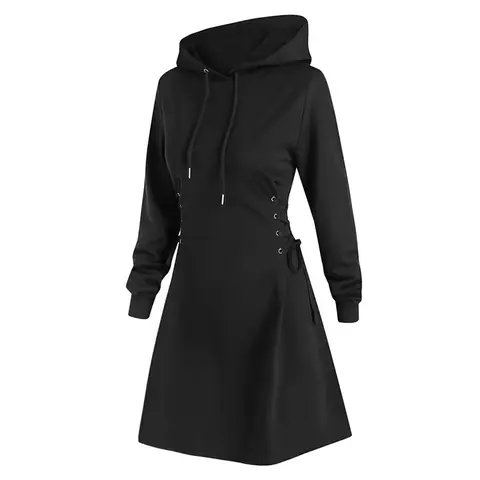 THICK THIGH TRIBE Lace-Up Hoodie Dress – Fleece-lined, soft & cozy with a flattering fit. Long sleeve casual wear for comfy everyday style. Womenswear
