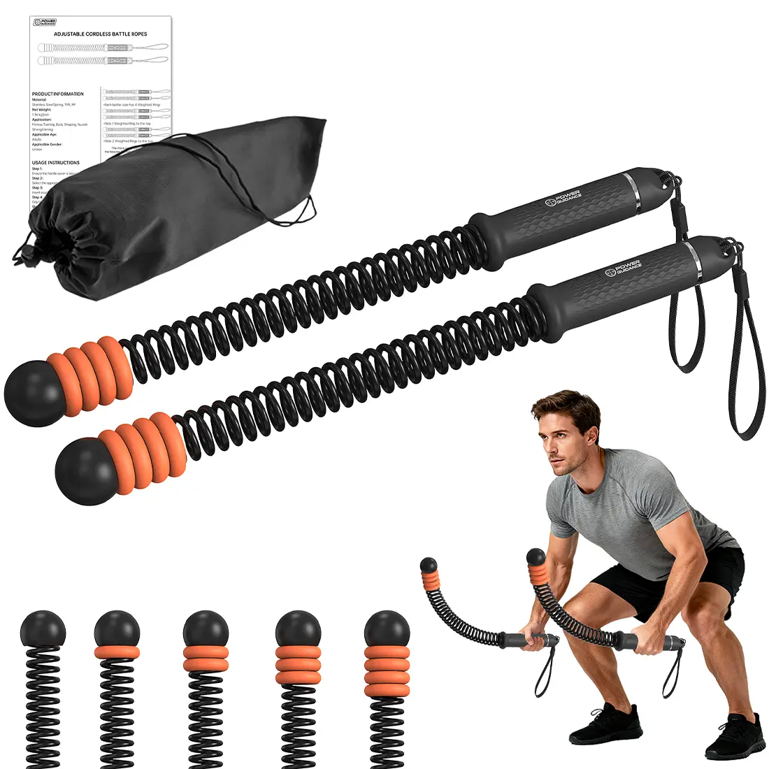 POWER GUIDANCE Ropeless Battle Ropes, Weighted Precision Steel Design with 4-Level Adjustable Resistance for Women & Men, Portable & Lightweight for Home Gym HIIT Workouts, Non-Slip Ergonomic Handles, Portable And Lightweight, Includes Exercise Guide And,
