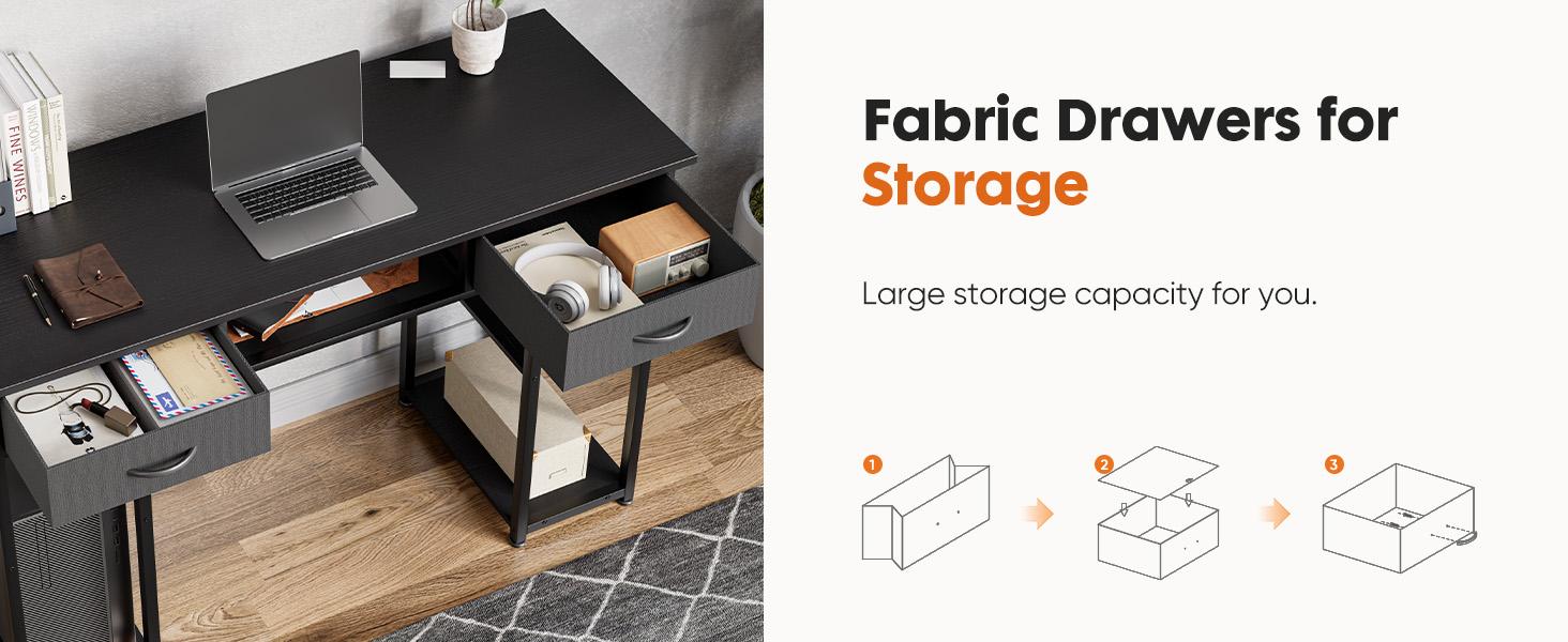 Sweet Furniture F Computer Desk with 2/3 Drawers 32/48 Inch with Storage Space Fabric Side Bag Headphone Hook Metal Frame Adjustable Feet