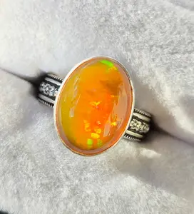 Mexican Fire Opal Ring - Sterling Silver Patterned Band (Size 9)