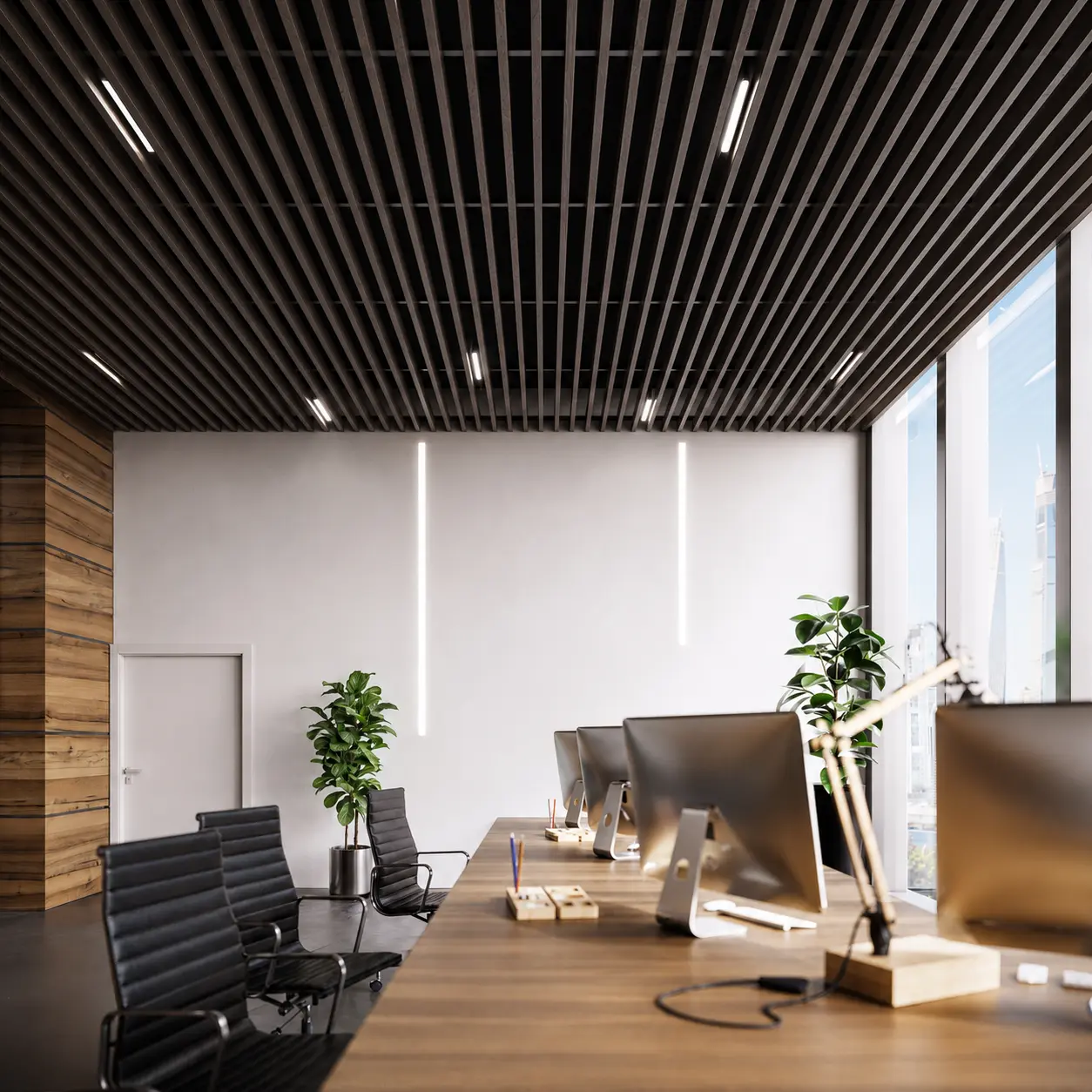 Dark Brown Wood Slat Ceiling Panels – Modern Suspended Acoustic Ceiling System, Decorative Wood Ceiling Panels for Home, Office & Commercial Interiors