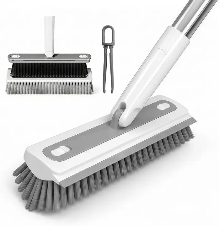 3-in-1 Detachable Floor Scrub Brush Set with Long Handle, V-Shaped Crevice Brush, Included Squeegee & Tweezer for Kitchen/Bathroom Gap Tile Cleaning, 3-In-1 Design, V-Shaped Brush