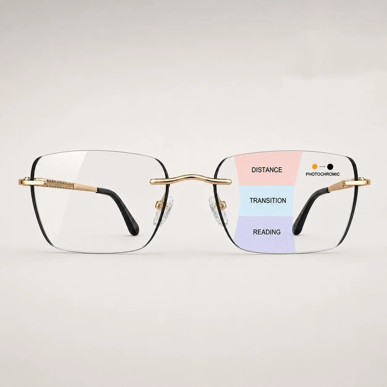 Progressive Photochromic Reading Glasses - Men’s & Women’s Multifocal Light-Adaptive Rimless Eyeglasses for Near & Far Vision, Lightweight Non-Prescription Frames