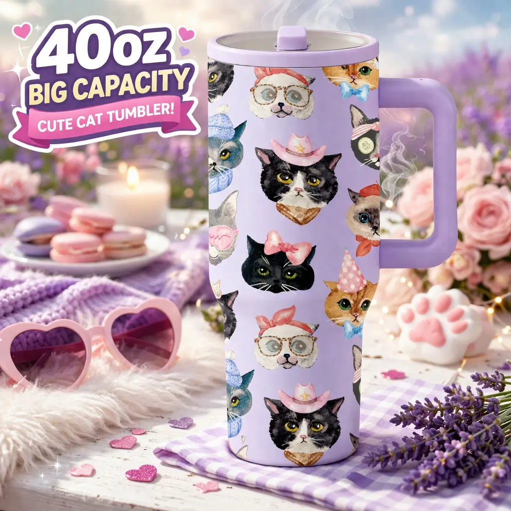 1pc 40oz Stainless Steel Cat Face Tumbler With Handle And Lid, Drinkware, Insulated Water Cup, Portable Vacuum Flask, Large Capacity Insulated Travel Mug, Keeps Drinks Cold 12H Hot 6H, Animal Gift For Women Girls Cat Lovers For Car Office Picnic Use