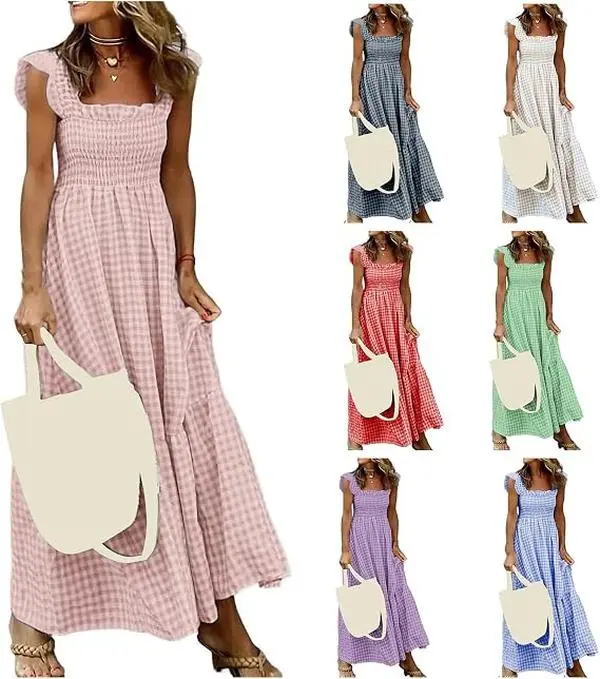 Women's Plaid Maxi Dress, Casual Smocked A-Line Sundress with Ruffle Spaghetti Straps and Pockets for Party, Casual Wear, Wedding, School, Womens Dresses, Sun Dress