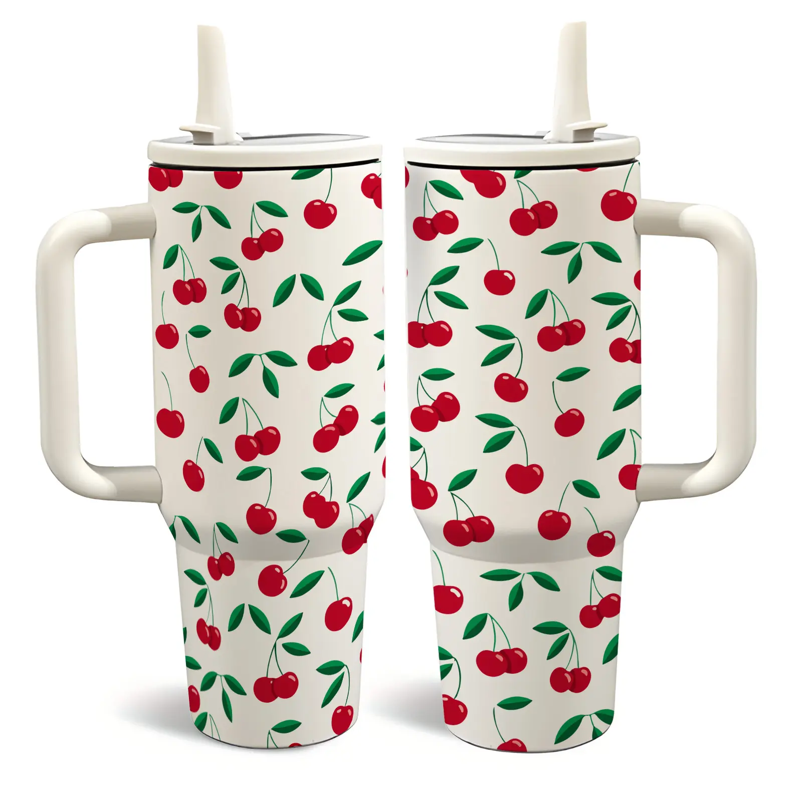 40oz Cherry Pattern Stainless Steel Insulated Cup with Handle and Straw, Dual Wall Vacuum, Keeps Hot 12h Cold 24h Leak-Proof Travel Mug