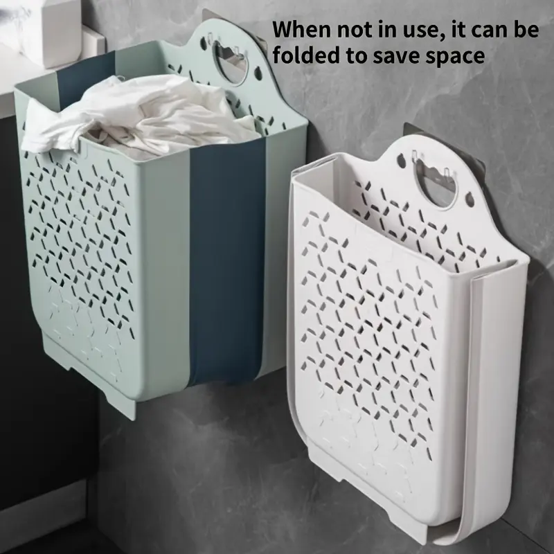 Foldable wall-mounted laundry basket, Collapsible clothes hamper, Collapsible laundry hamper, no drilling required, adhesive-based storage solution for bathrooms and laundry rooms, durable plastic ventilated, space-saving storage bin