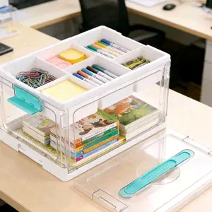 Ideal 24 QT Clear Plastic Craft Organizers Storage Box with Removable Trays Dividers for Table Drawer Home Storage Books Desk Organizer