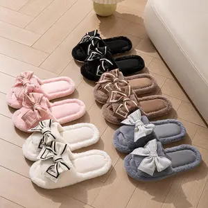 Women's Soft Plush Slide Slippers with Bow Detail – Cozy Open-Toe House Shoes for Year-Round Wear Suitable Valentine's Day gifts