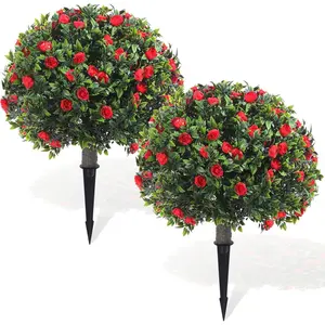 Set of 2 Artificial Boxwood Topiary Ball Tree  Bushes Shrubs Outdoor Faux  with Ground Spike  UV Resistance Greenery for Front Porch Garden Patio Indoor(Red,18x10inch)