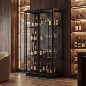 FUFU&GAGA Large Glass Display Cabinet with Shelves & Sliding Doors, Black Trophy Case with Spotlights