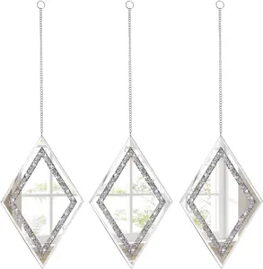 Silver Diamond Shaped Wall Mirror Set of 3, Decorative for Bedroom, Hallway Acrylic Elegant