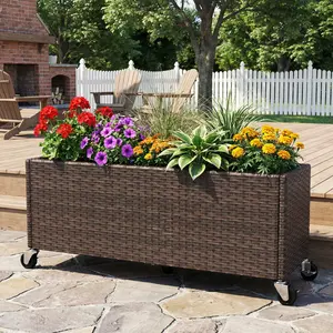 Spaco Raised Garden Bed – PE Rattan Wicker Patio Planter Box with Wheels & Liner
