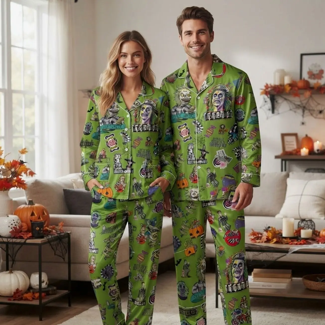 Beetlejuice Halloween Green Matching PJS Set Long Sleeve Sleepwear Couples