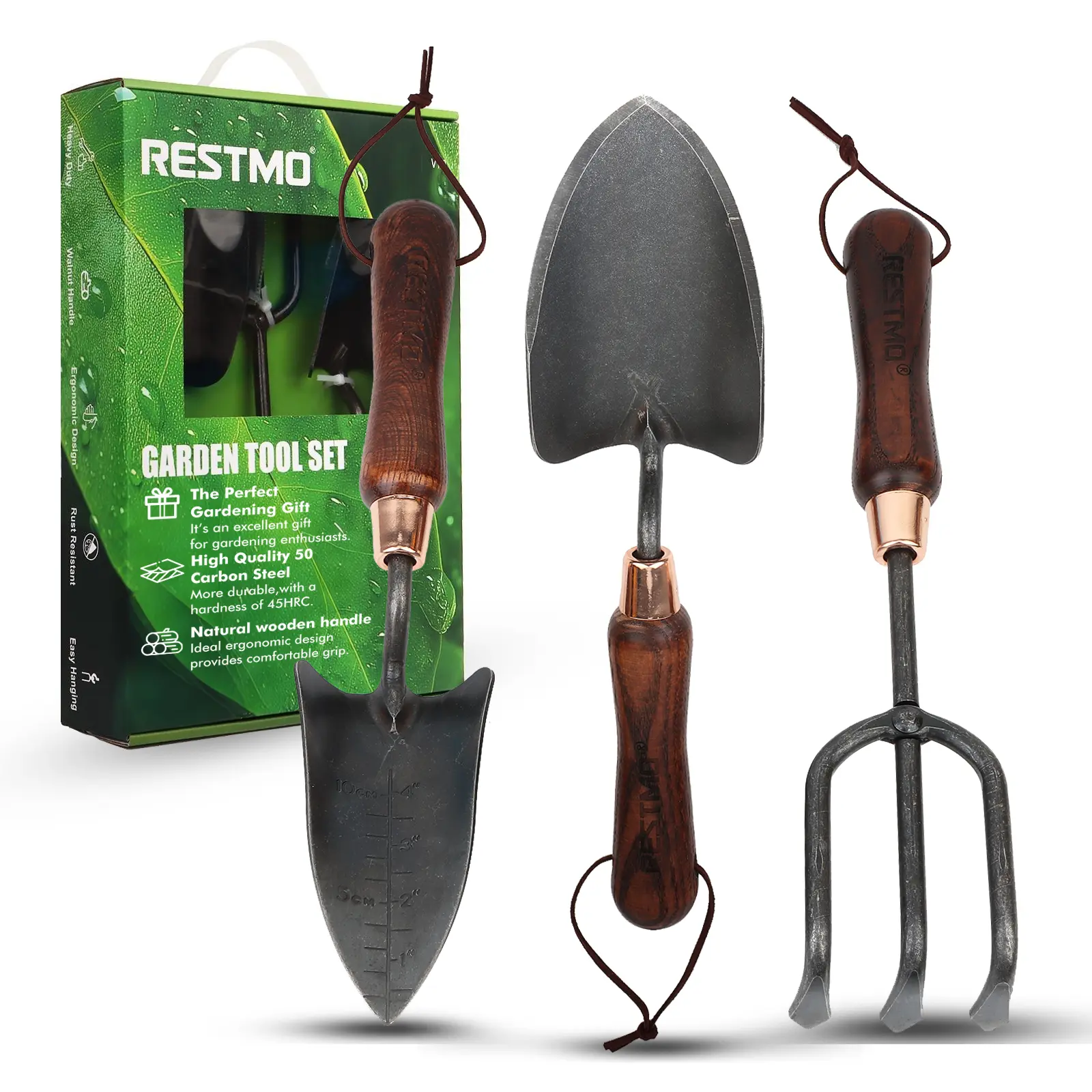 RESTMO 3-in-1 Carbon Steel Gardening Tool Kit Set - Shovel, Transplanter, Cultivator with Shock-Absorbent Ergonomic Wooden Handles, Antique-Style Finish for Digging, Weeding, Ideal for Birthday Gifts