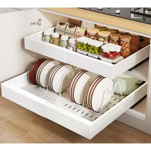 2Pack Expandable Pull Out Under Cabinet Organizer 21"Deep with 4 Adjustable Dividers, Pots and Pans Storage Organizer with Raising Pad for Framed Cabinets Slide Out Drawers, White