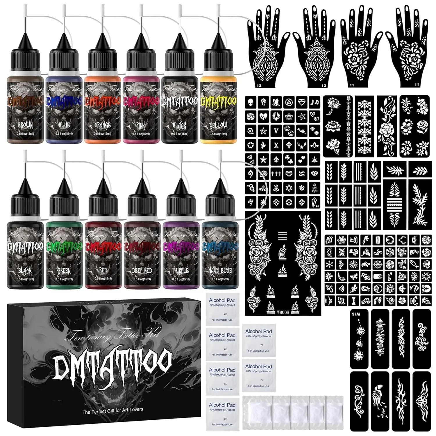 Temporary Tattoo Kit Tattoo Set 12 Bottles Colors Temporary Tattoo Ink 13 tattoo Stencils,DIY Body Art Skin Painting Designs for Women Men Kids Party Gifts, Tattoo Supplies