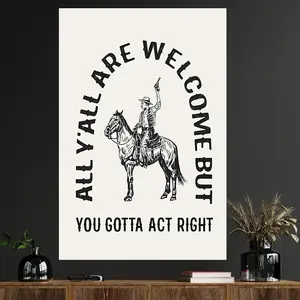 1 Piece Western Style Welcome Cowboy Quote Wall Art, Vintage Letter Print - Southwest Style Horizontal Canvas Print, Suitable for Home Decor Products - Warm Room Gift, Cowboy Country Aesthetics, Ink Canvas Painting