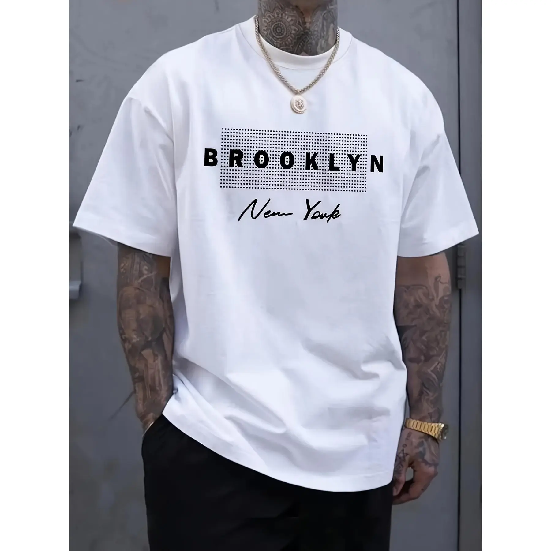 Men's Brooklyn New York Graphic T-Shirt, Casual 100% Cotton Top with a Seamless Shortsleeve Design and Elastic Ribbed Crew Neck, Fabric, Knit, Menswear, Smooth, Stylish, Alternative, Loose Fit, Casual Wear, New York Graphic Men's Short-Sleeve T-Shirts