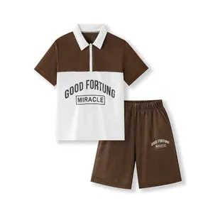 Boys Summer 2 Piece Outfit, "GOOD FORTUNG MIRACLE" Print Half-Zip Polo Shirt + Matching Shorts, Kids Casual Sportswear
