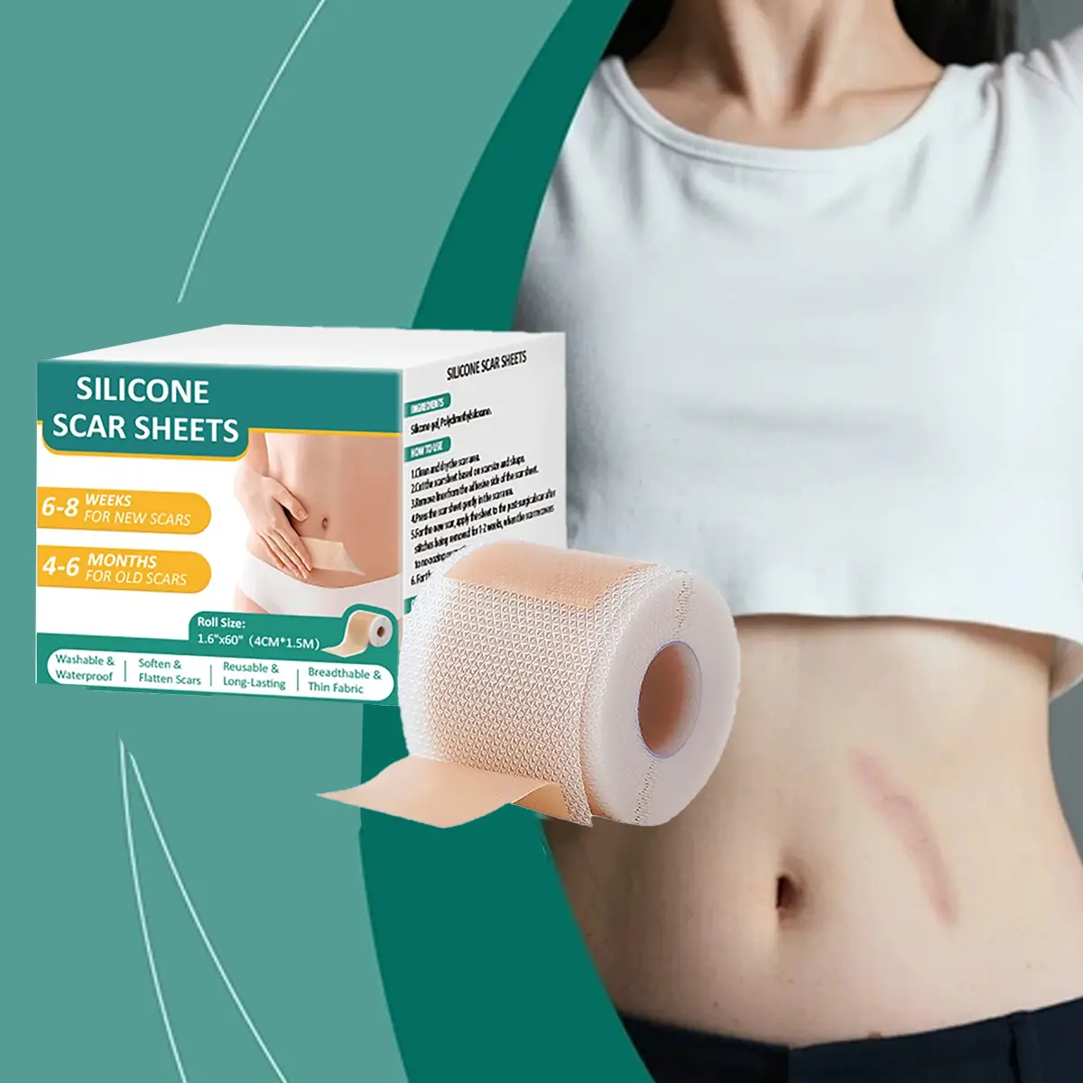Silicone Scar Sheets for Surgical Scars - 60" x 1.6"/Roll - Medical Grade Silicone Scar Tape and Face Tape for Wrinkles, Keloid Scars, and Hypertrophic Scars - Reusable