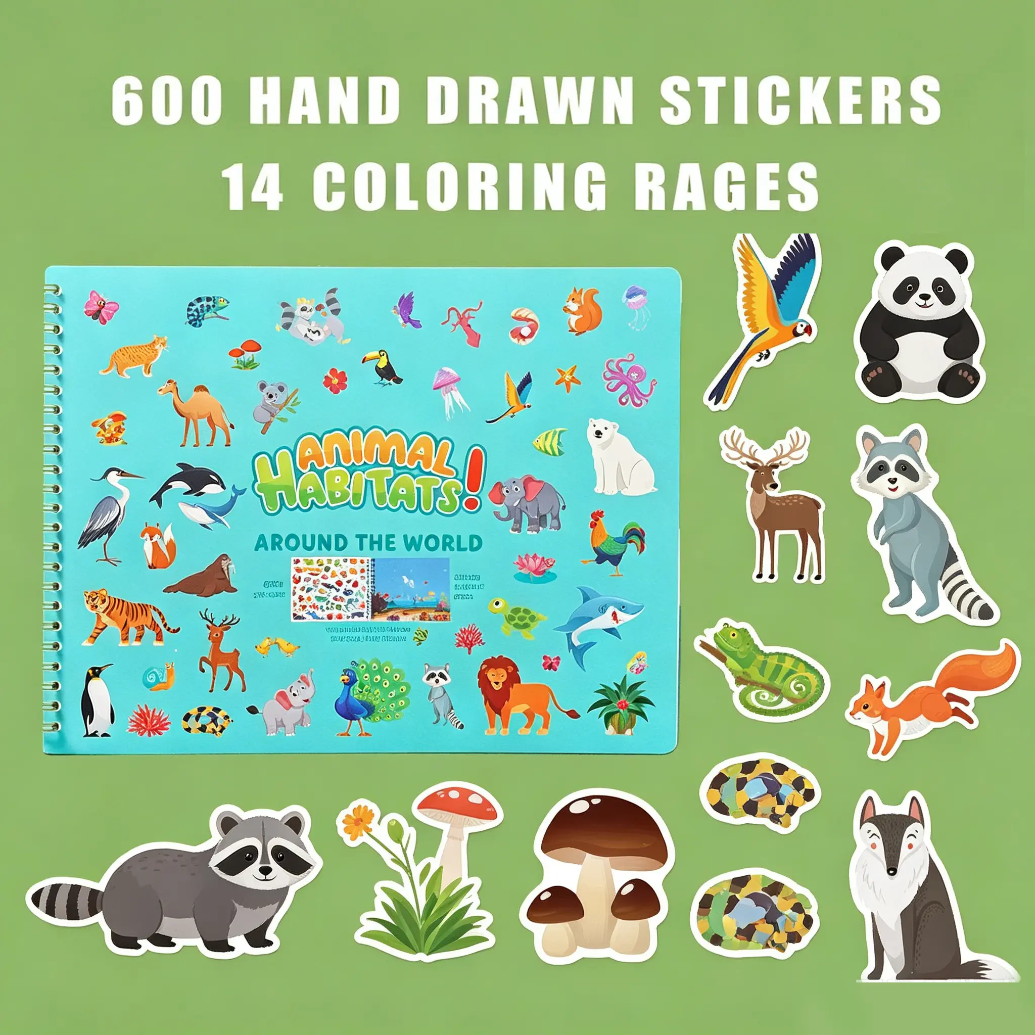 Spiral Binding Animal Sticker Book (1-Count) - Office Stationery, 600+ Animal & Nature Stickers, 13 Scenes, 14 Coloring Pages, Art Drawing, Rainy Day Activity, Airplane Travel Essential, Early Education Craft Gift for Boys Ages 2-8