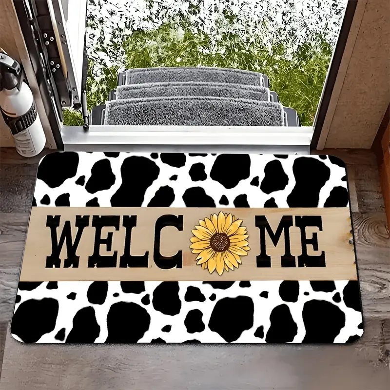 1pc Cow and Sunflower Pattern Floral Style Welcome Doormat, Cow Print Rug, Flannel Material, Suitable for Bedroom, Living Room, Kitchen, Bathroom