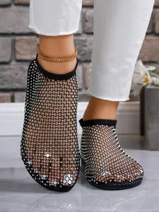 Women's Fashionable Rhinestone Decor Mesh Breathable Comfortable Lightweight Flat Sandals, Glitter Sandal, Casual Versatile Sandals for Beach Vacation, All-match Commuter Shoes for Work & Daily Wear, Girl