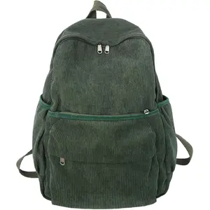 Corduroy Backpack for Teens & Women – Cute Laptop School Bag, Solid Color Green, Stylish Student Backpack for Daily Use