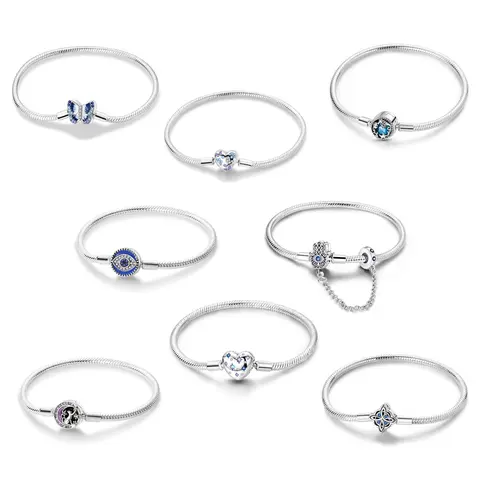MULA Stackable Cubic Zirconia Bracelet Set - Silver-Plated, Blue CZ, Enamel Accents, Butterfly, Heart, Galaxy Motifs, Charm-Compatible Beaded Bracelets, Women's Jewelry Gift, Stackable Bracelet