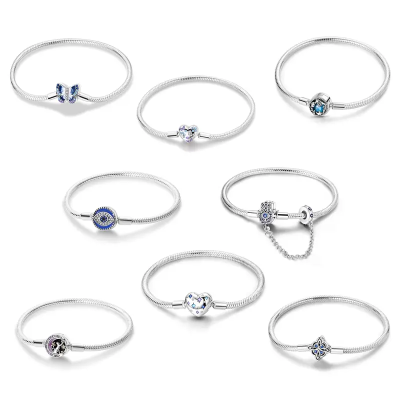 MULA Stackable Cubic Zirconia Bracelet Set - Silver-Plated, Blue CZ, Enamel Accents, Butterfly, Heart, Galaxy Motifs, Charm-Compatible Beaded Bracelets, Women's Jewelry Gift, Stackable Bracelet