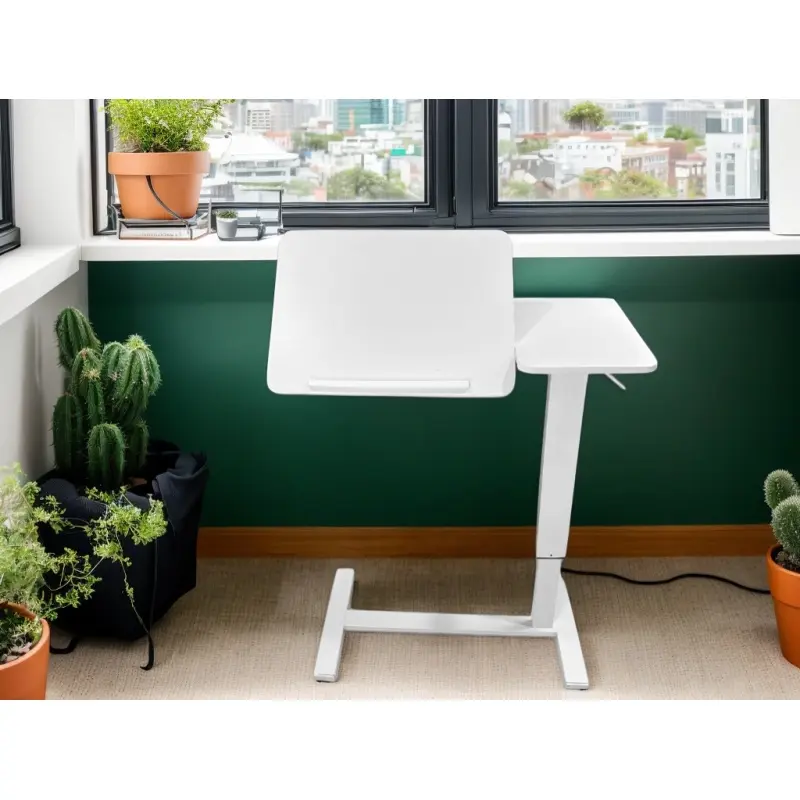 (UPGRADED) White Unisex Metal Frame Overbed Bedside Table - Chic Mobile Laptop Stand for Reading, Meals, Work, with Hidden Rolling Wheels, Tilting Tray, Adjustable Height, Space-Saving for Various Room Types (Mother's Day Gift Option)
