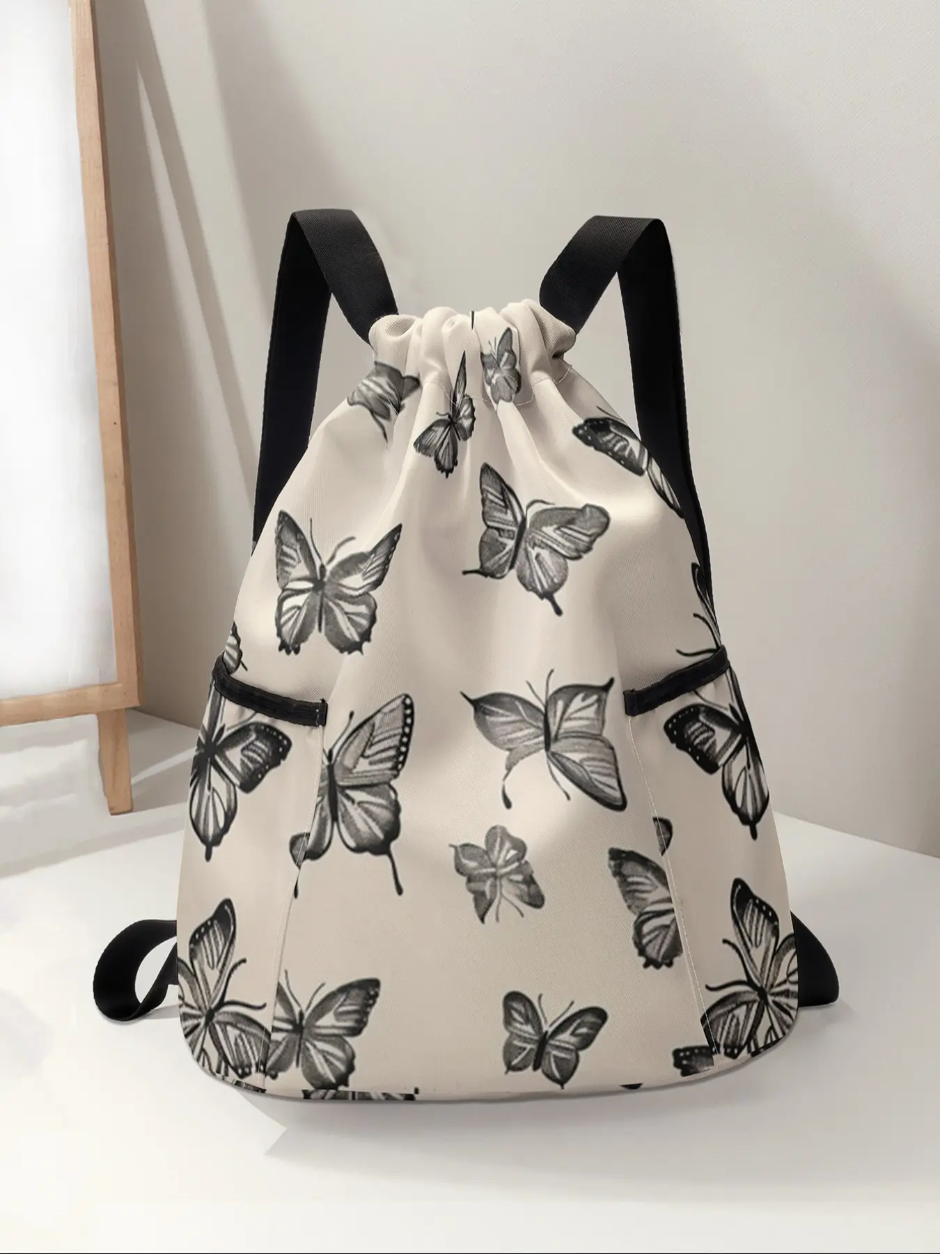 Butterfly Print Drawstring Backpack, Large Capacity Durable Outdoor Fitness Bag, Multifunctional Sports Bag, Workout Sport Bags, Adjustable Straps, Sports Beach Bag, Unisex Travel Hiking Camping