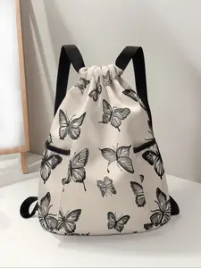 Butterfly Print Drawstring Backpack, Large Capacity Durable Fitness Bag, Adjustable Straps, Sports Beach Bag, Unisex Travel Hiking Camping