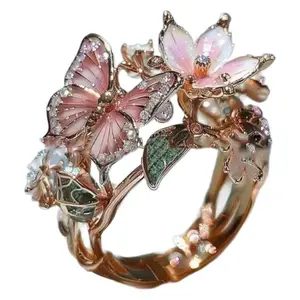 2026 New Arrival Color Drip Butterfly Flower Open Ring Fashion Boutique Decorative Sparkling Zircon Inlay Statement Ring for Archery Sports & Outdoor Leisure