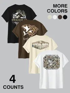American Outdoor Hunting Print T-Shirt Set, Camouflage Animal Pattern Casual Short Sleeve Tops, Fitted Long Clothing, 4 Piece Combo