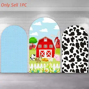 Blue Boys Farm Theme Birthday Party Arch Covers Stretchy Backdrop, Cow Print Barn House Cartoon Animals Design, Perfect for Boys Kids Birthday Party Photo Backdrop, Decorative Banner