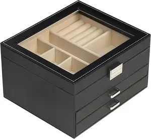 Clear Lid Jewelry Box,3 Jewelry Organizer Large Multi-Functional Jewelry Storage Box with 2 Drawers,Jewelry Display Case of Rings Earrings Necklace Bracelets for Women Girls (Black)