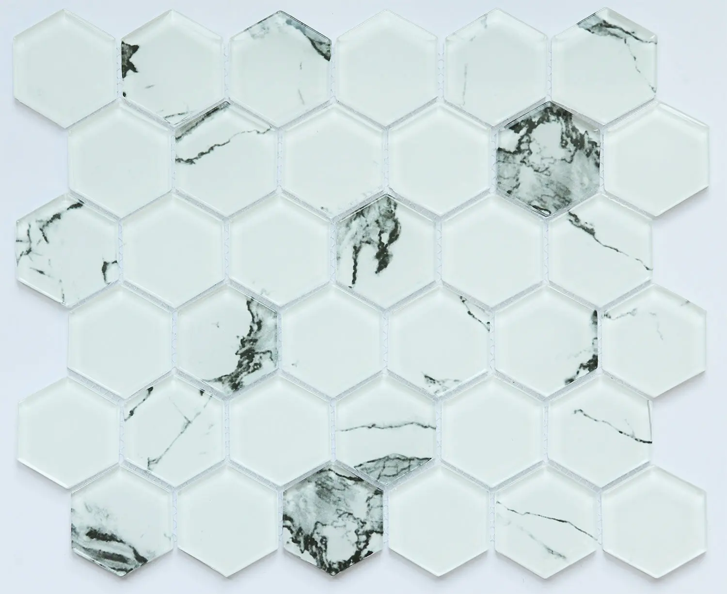 Bianco Carrara 2-in Hexagon Geometric Glass Mosaic Tile, Indoor Backsplash & Mosaic Tile Flooring with Dimensional Play, Glazed Glass Mosaic Flooring