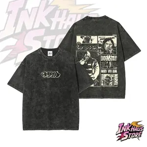 "DOOM" graffiti-style logo; featuring his signature works, *Operation: Doomsday* and *Madvillainy*.--Short Sleeve Cotton Unisex Retro wash Tee