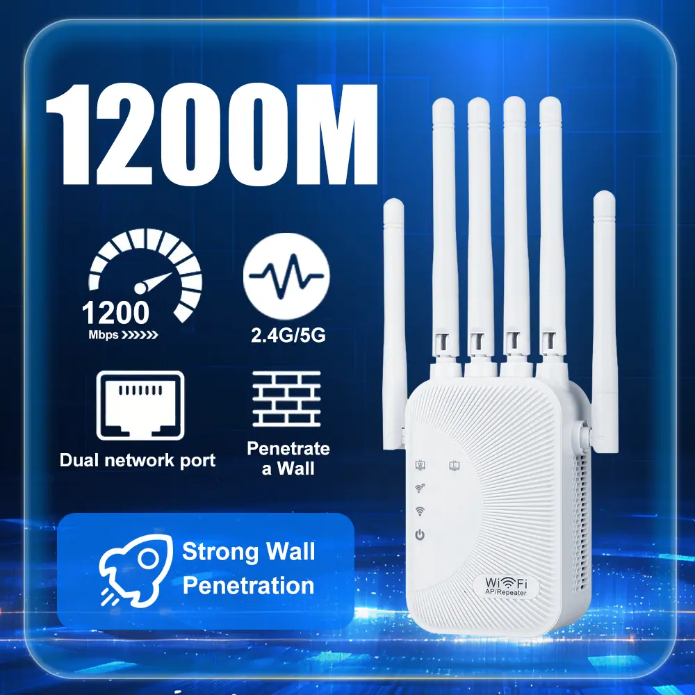 1200Mbps Dual-Band WiFi Extender with Dual Network Port – 2024 High-Speed Home Signal Booster & Repeater, Supports Up to 32 Devices Simultaneously, Wall-Penetrating Capability, Penetrate A Wall