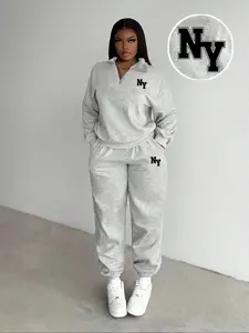 Women's Ny Letter Print Loose Fit Pullover Set, Drawstring Shoulder Design, Casual Comfortable Spring & Fall Layering, Perfect Lazy, Womenswear