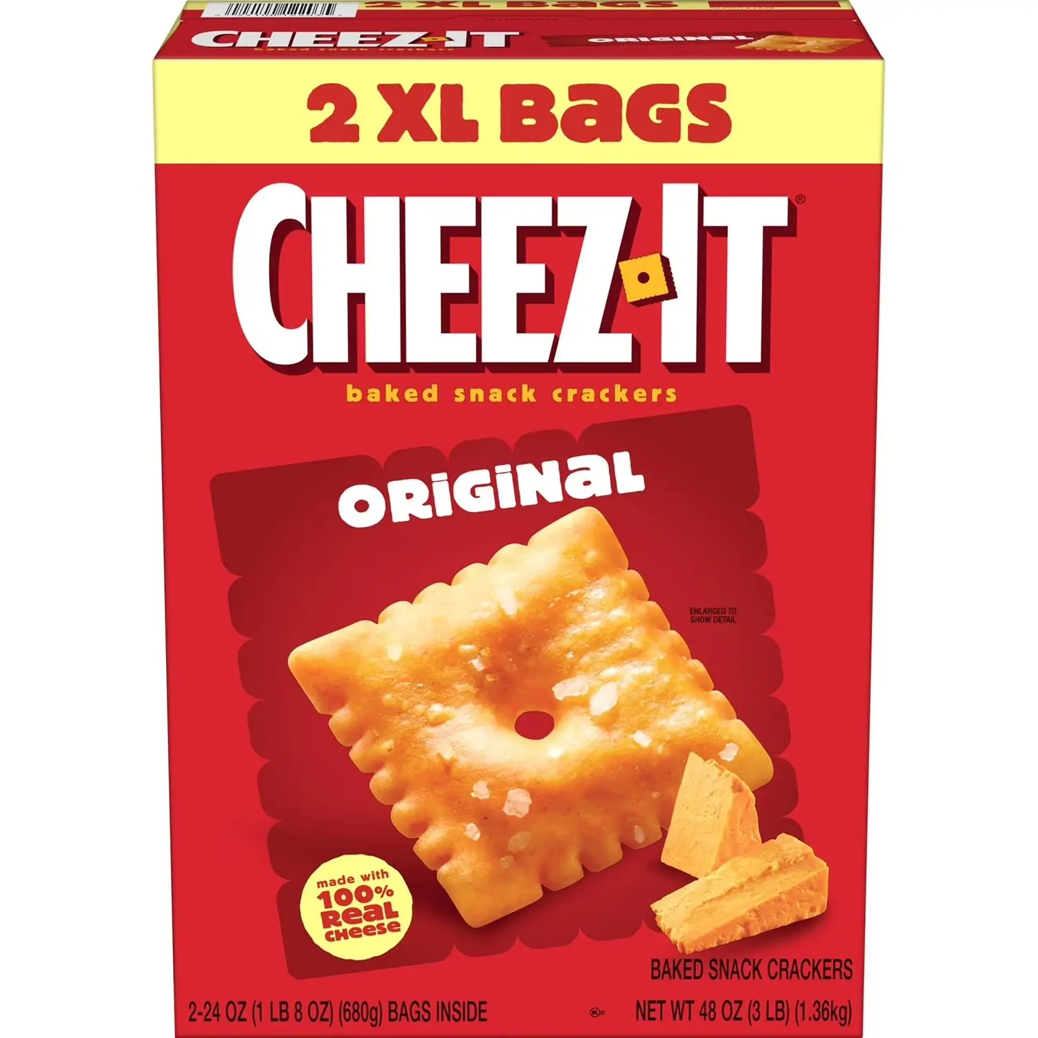 Cheez-It Original Crunchy Cheese Crackers Snack - Wheat-Based Baked & Bold Grain Crisps, Non-Fried Crunch Texture Crisps & Puffed Snacks for All Ages, Good Source of Whey Protein, Soybean, Enzymes, Niacin, 2-Pack (24 oz Per Pack)