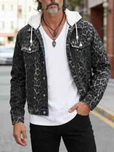 Men's Vintage Leopard Print Denim Jacket, Long Sleeve, Casual Loose-Fitting Outerwear for Fall & Winter, Stylish High-End Work Jacket
