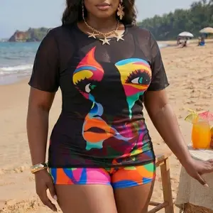 Mervlea Women's 3 Piece Plus Size Swimsuit Tankini Shorts Set High Waisted Bathing Suit Graphic Beachwear with Mesh Cover Up