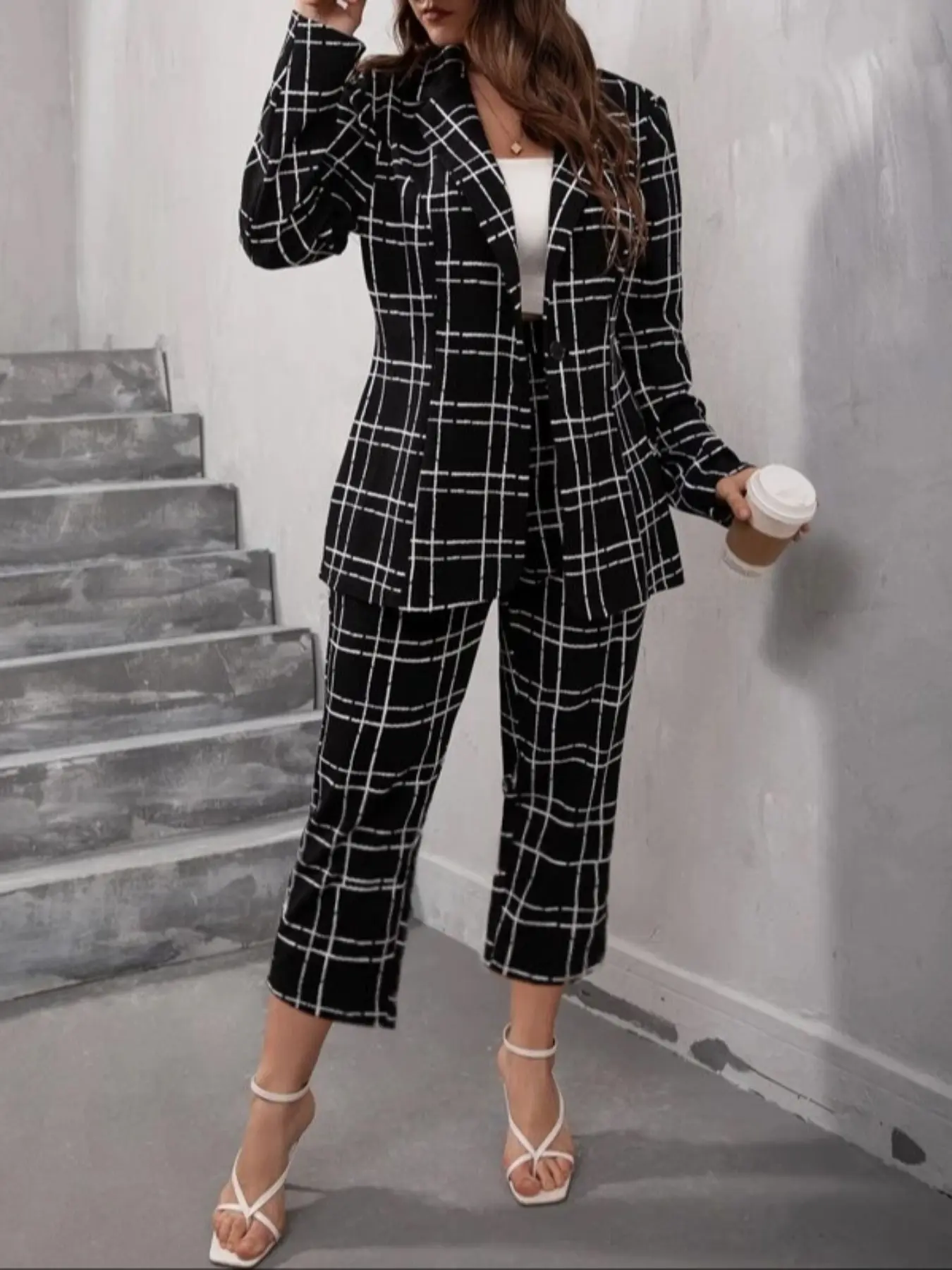 【Plus Size】 Two-piece Set Plaid Print Button Front Blazer & Pants Set, Work Office Suit, Casual Long Sleeve Outerwear & Trousers for Work Office Business, Women's Clothes for Spring & Fall