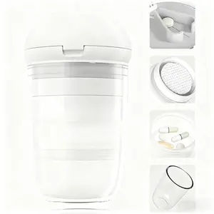 4-in-1 portable White Pill box with Crusher Stainless Steel Blade Removable Drinking Cup for Tablets Vitamins Precision Cut & Ergonomic Design Valentine's Day gift