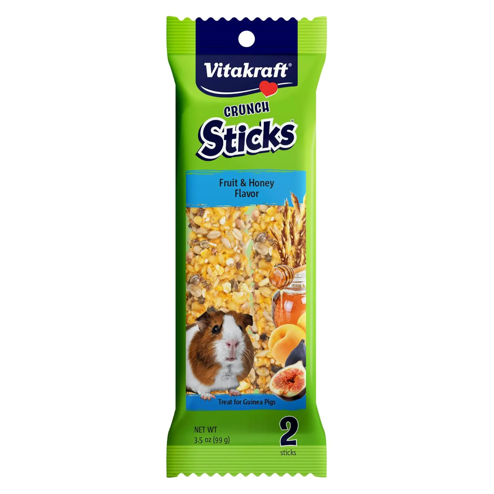Vitakraft Crunch Sticks Guinea Pig Treat Fruit & Honey Flavor - 2 Sticks Real Dried Fruit, Sweet Honey Coating, Natural Wood Center, Encourages Foraging Chewing, 2 Count Pack