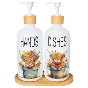 2Pcs Highland Cow Soap Dispenser withTray Farmhouse Cow Floral Plastic Dispenser with Pump Refillable Liquid Soap Container for Bathroom Kitchen Countertop Decor