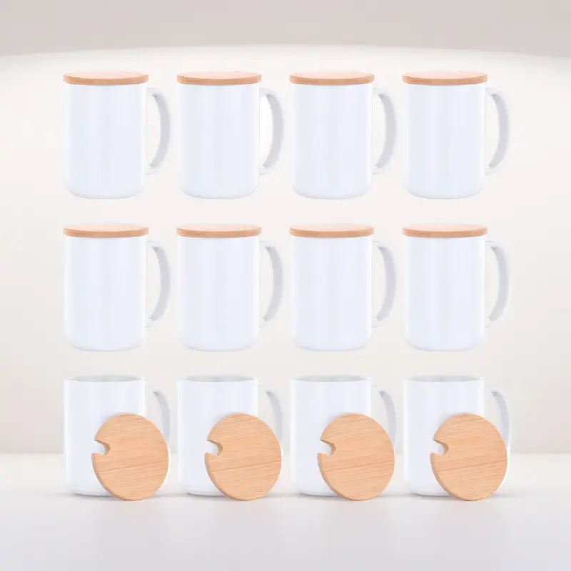 12-Pack 15 oz Thick Body Blank Surface Sublimation Ceramic Mugs, Sturdy Modern Printable Drinkware with Bamboo Lids, Dishwasher Safe Kitchen Coffee Cups for Teacher Birthday Gifting